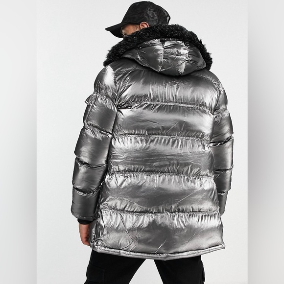 NWT- SIK SILK MENS XL PADDED PARKA w FUR HOOD in METALLIC SILVER & BLACK TRIM - Picture 3 of 16